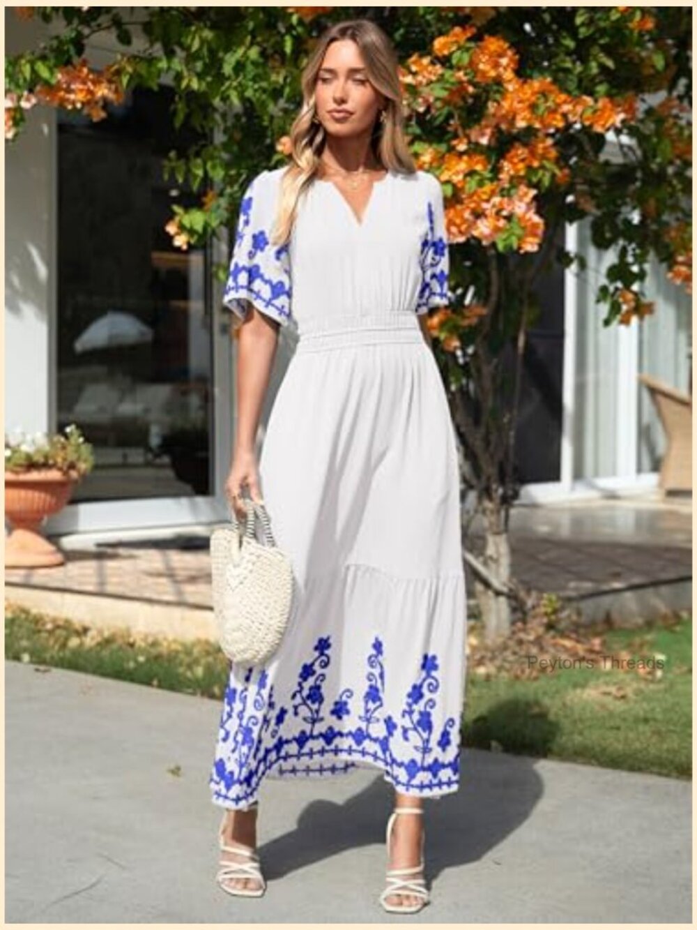 Women's Maxi Dress Short Sleeve V-Neck Embroidery Floral Boho Wedding Guest - Picture 5 of 7